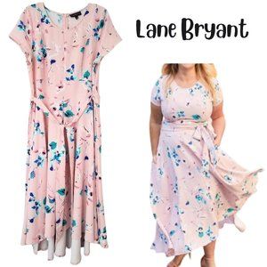 LANE BRYANT Pastel Pink & Blue Floral Maxi Dress With Belt - Women's 16